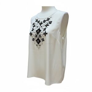 Anthropologie White Top with Black Floral Embroidery